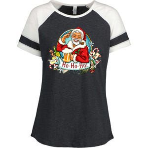 Ho-Ho-Ho Drinking Smoking Santa Claus Christmas Enza Ladies Jersey Colorblock Tee