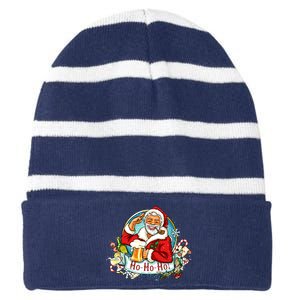 Ho-Ho-Ho Drinking Smoking Santa Claus Christmas Striped Beanie with Solid Band