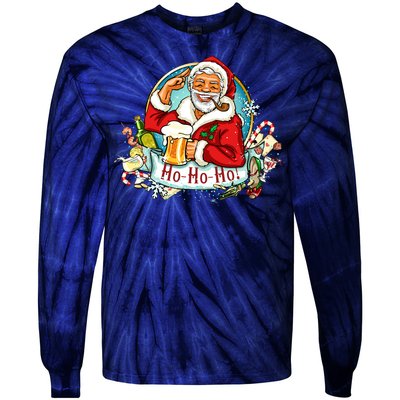 Ho-Ho-Ho Drinking Smoking Santa Claus Christmas Tie-Dye Long Sleeve Shirt