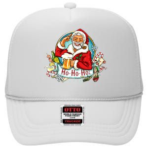 Ho-Ho-Ho Drinking Smoking Santa Claus Christmas High Crown Mesh Back Trucker Hat