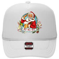 Ho-Ho-Ho Drinking Smoking Santa Claus Christmas High Crown Mesh Back Trucker Hat