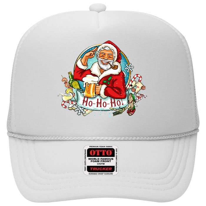 Ho-Ho-Ho Drinking Smoking Santa Claus Christmas High Crown Mesh Back Trucker Hat