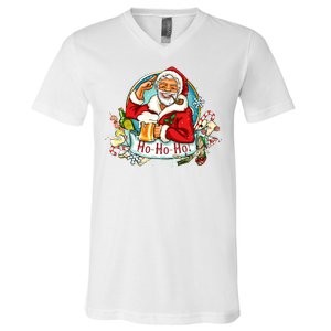 Ho-Ho-Ho Drinking Smoking Santa Claus Christmas V-Neck T-Shirt