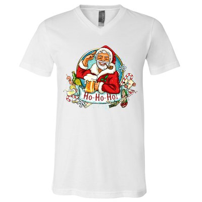 Ho-Ho-Ho Drinking Smoking Santa Claus Christmas V-Neck T-Shirt
