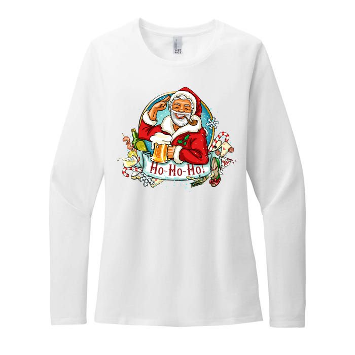 Ho-Ho-Ho Drinking Smoking Santa Claus Christmas Womens CVC Long Sleeve Shirt