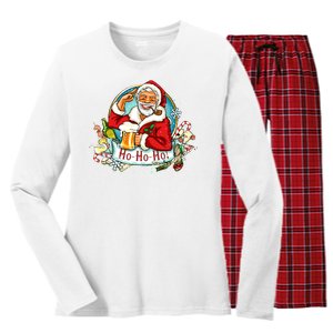 Ho-Ho-Ho Drinking Smoking Santa Claus Christmas Women's Long Sleeve Flannel Pajama Set 