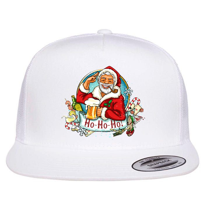 Ho-Ho-Ho Drinking Smoking Santa Claus Christmas Flat Bill Trucker Hat