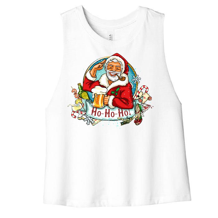 Ho-Ho-Ho Drinking Smoking Santa Claus Christmas Women's Racerback Cropped Tank