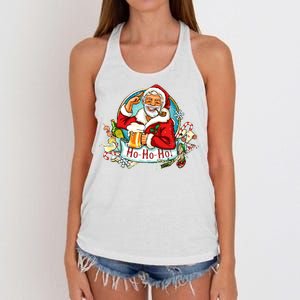 Ho-Ho-Ho Drinking Smoking Santa Claus Christmas Women's Knotted Racerback Tank