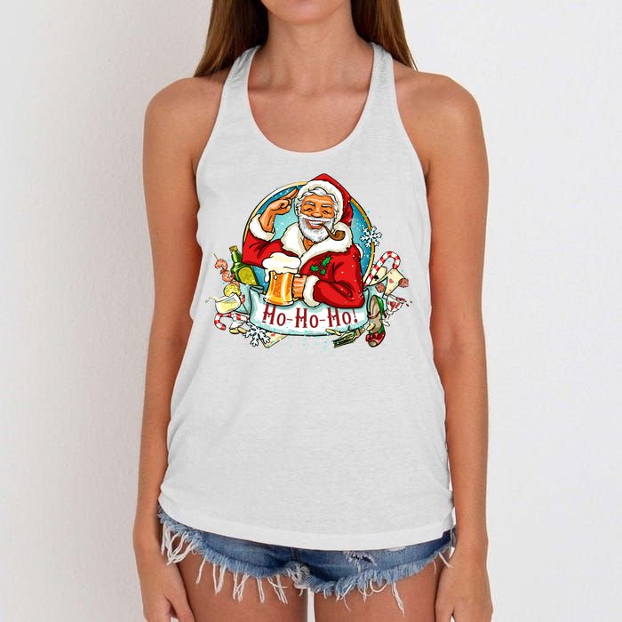 Ho-Ho-Ho Drinking Smoking Santa Claus Christmas Women's Knotted Racerback Tank