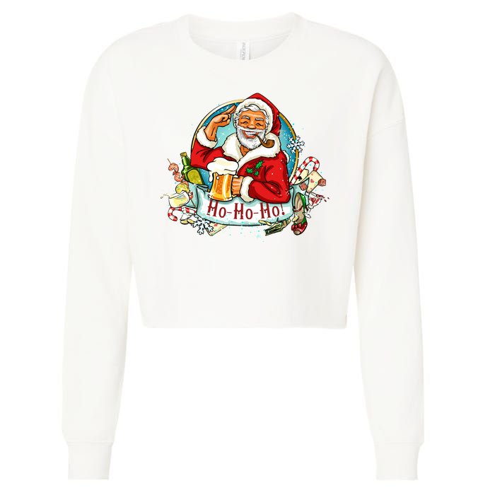 Ho-Ho-Ho Drinking Smoking Santa Claus Christmas Cropped Pullover Crew