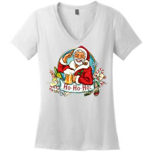 Ho-Ho-Ho Drinking Smoking Santa Claus Christmas Women's V-Neck T-Shirt