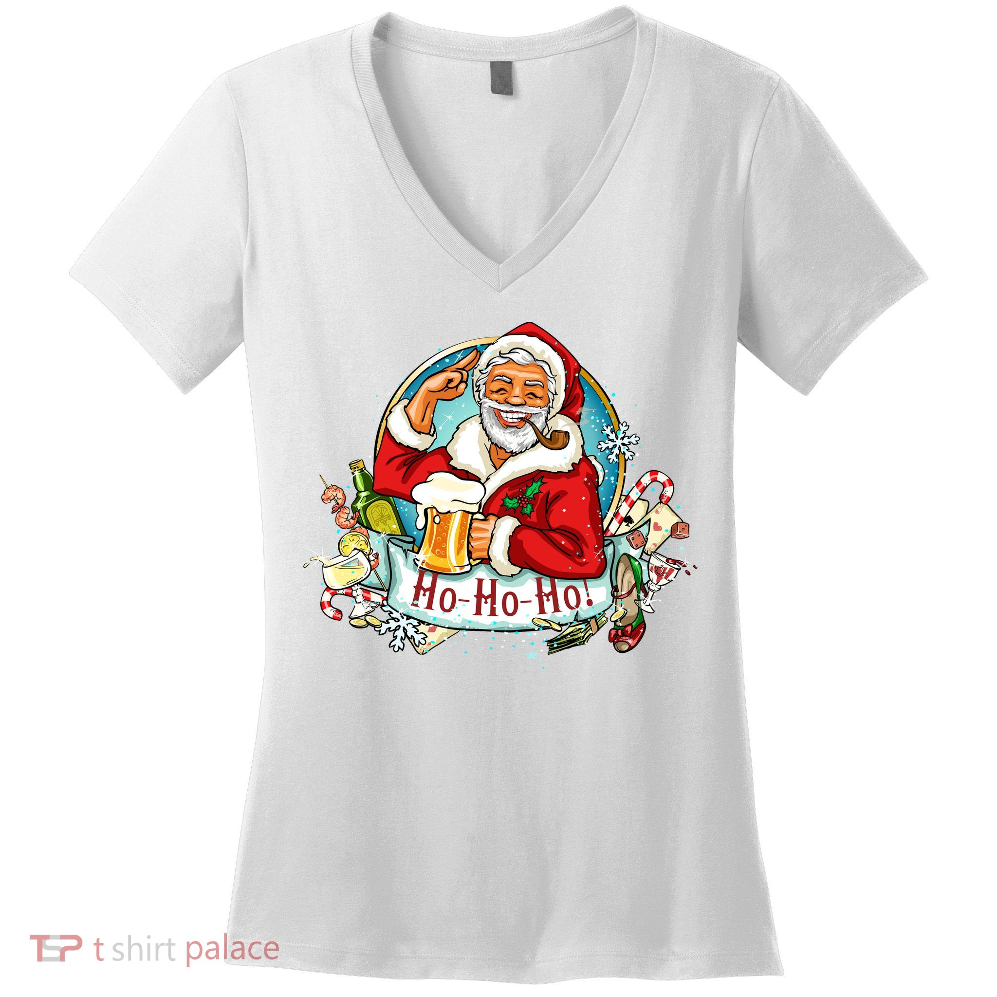 Ho-Ho-Ho Drinking Smoking Santa Claus Christmas Women's V-Neck T-Shirt