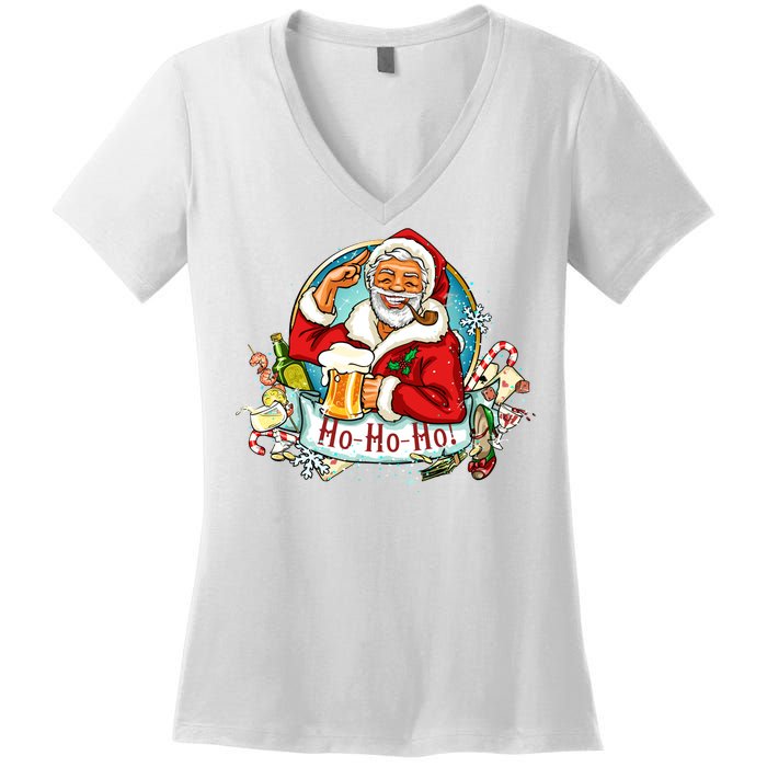 Ho-Ho-Ho Drinking Smoking Santa Claus Christmas Women's V-Neck T-Shirt