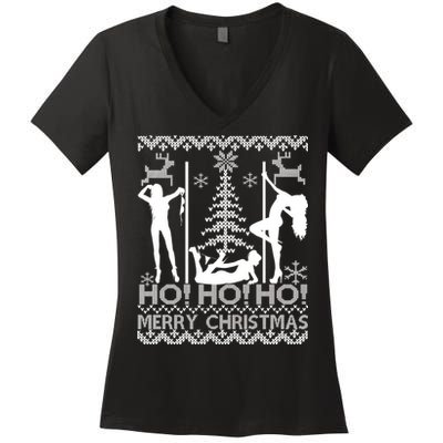 Ho Ho Ho Strippers X-Mas Ugly Christmas Sweater Women's V-Neck T-Shirt