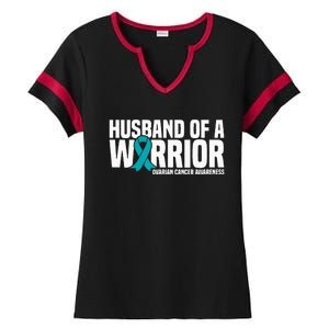 Husband Of A Warrior Teal Ribbon Ovarian Cancer Awareness Ladies Halftime Notch Neck Tee