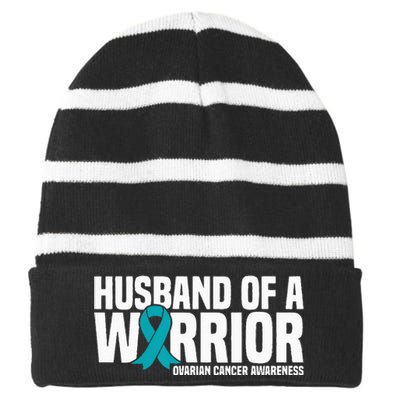 Husband Of A Warrior Teal Ribbon Ovarian Cancer Awareness Striped Beanie with Solid Band