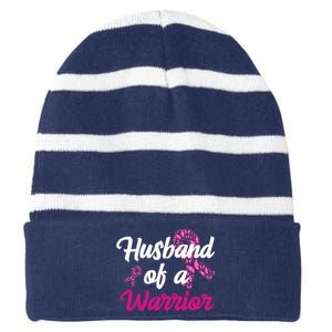 Husband Of A Warrior Breast Cancer Ribbon Striped Beanie with Solid Band