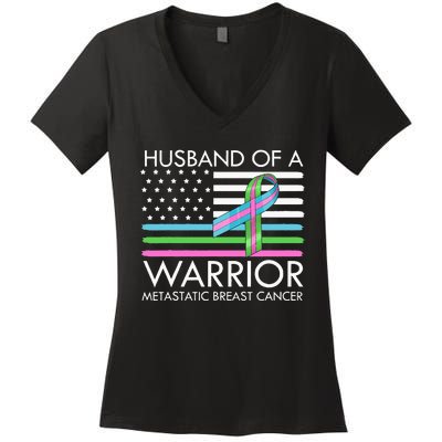 Husband Of A Warrior Metastatic Breast Cancer Awareness Women's V-Neck T-Shirt