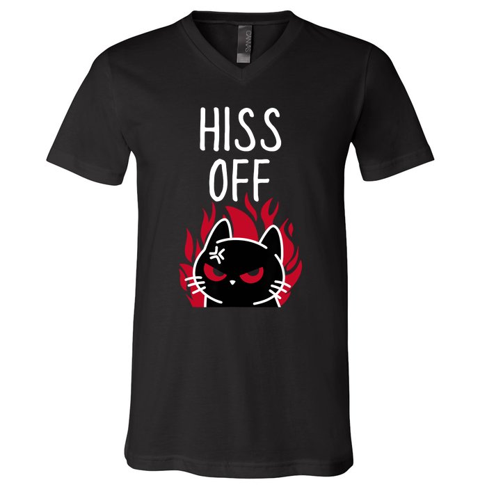 Hiss Off Angry Cat Funny Cat V-Neck T-Shirt