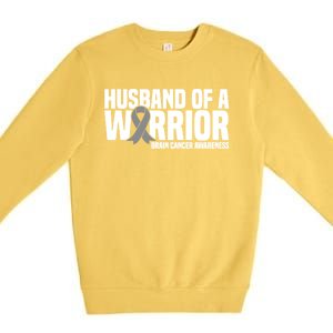 Husband Of A Warrior Grey Ribbon Brain Cancer Awareness Funny Gift Premium Crewneck Sweatshirt