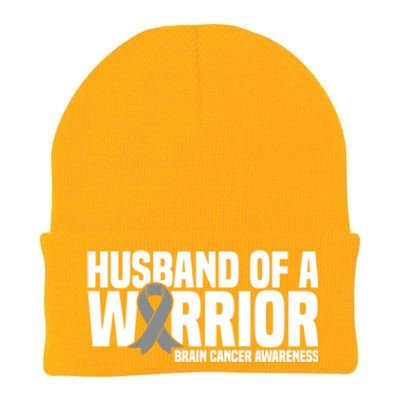 Husband Of A Warrior Grey Ribbon Brain Cancer Awareness Funny Gift Knit Cap Winter Beanie