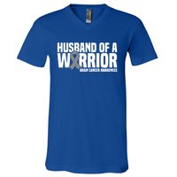 Husband Of A Warrior Grey Ribbon Brain Cancer Awareness Funny Gift V-Neck T-Shirt