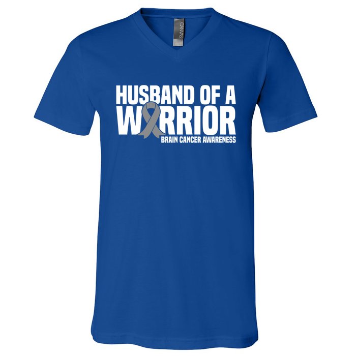 Husband Of A Warrior Grey Ribbon Brain Cancer Awareness Funny Gift V-Neck T-Shirt