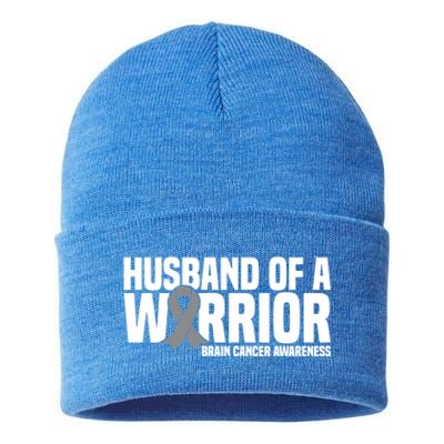 Husband Of A Warrior Grey Ribbon Brain Cancer Awareness Funny Gift Sustainable Knit Beanie