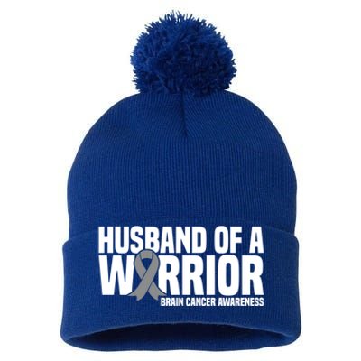 Husband Of A Warrior Grey Ribbon Brain Cancer Awareness Funny Gift Pom Pom 12in Knit Beanie