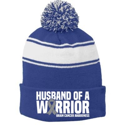 Husband Of A Warrior Grey Ribbon Brain Cancer Awareness Funny Gift Stripe Pom Pom Beanie