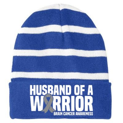 Husband Of A Warrior Grey Ribbon Brain Cancer Awareness Funny Gift Striped Beanie with Solid Band