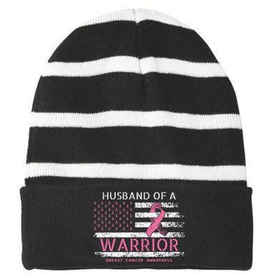 Husband Of A Warrior Breast Cancer Awareness Striped Beanie with Solid Band