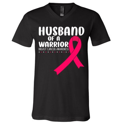 Husband Of A Warrior Pink Ribbon Breast Cancer Support V-Neck T-Shirt