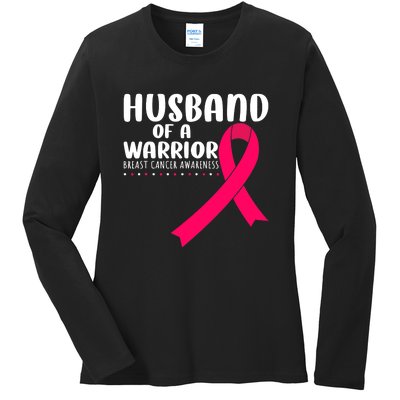 Husband Of A Warrior Pink Ribbon Breast Cancer Support Ladies Long Sleeve Shirt