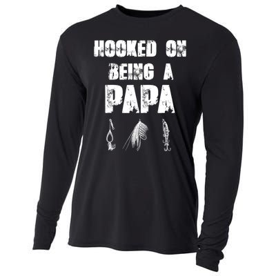 Hooked On Being A Papa Funny Fishing Gift Cooling Performance Long Sleeve Crew