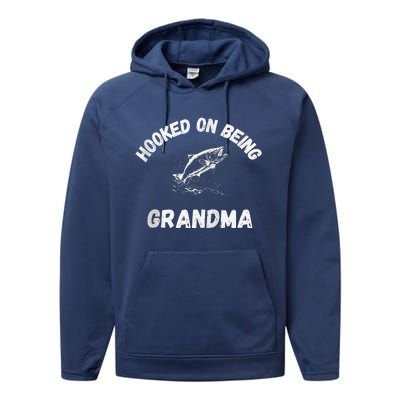 Hooked On Being Grandma Fishing Graphic Fish Design Zip Performance Fleece Hoodie