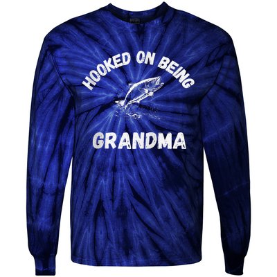 Hooked On Being Grandma Fishing Graphic Fish Design Zip Tie-Dye Long Sleeve Shirt