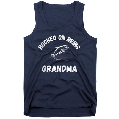 Hooked On Being Grandma Fishing Graphic Fish Design Zip Tank Top