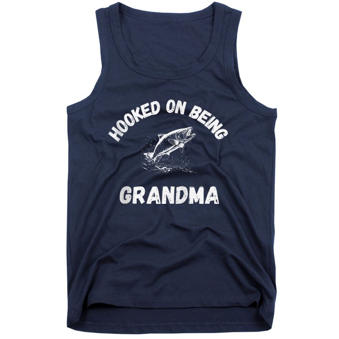 Hooked On Being Grandma Fishing Graphic Fish Design Zip Tank Top