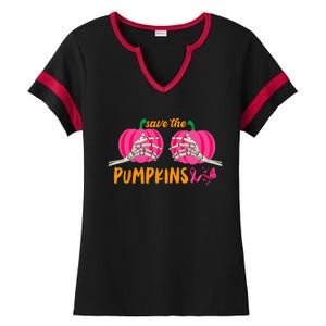 Halloween October Breast Cancer Pink Ribbon Pumpkin Ladies Halftime Notch Neck Tee