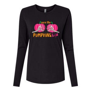 Halloween October Breast Cancer Pink Ribbon Pumpkin Womens Cotton Relaxed Long Sleeve T-Shirt