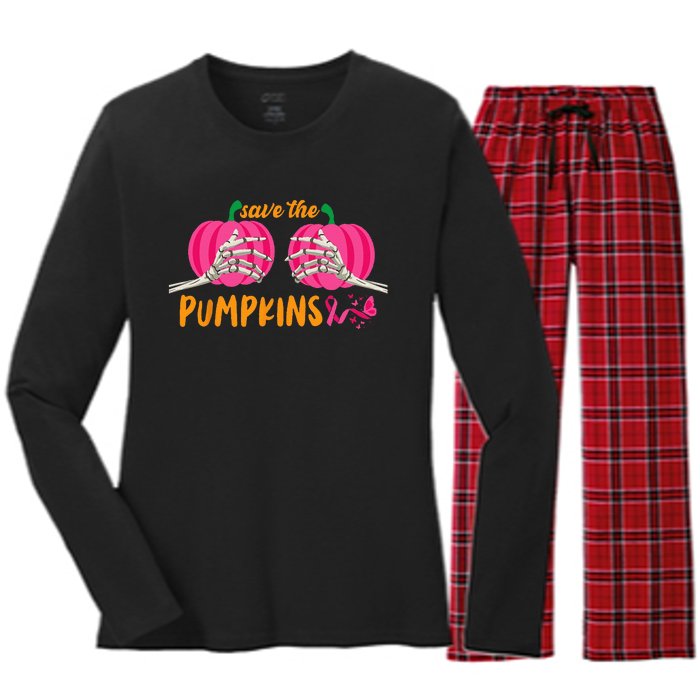 Halloween October Breast Cancer Pink Ribbon Pumpkin Women's Long Sleeve Flannel Pajama Set 