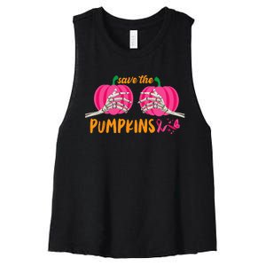 Halloween October Breast Cancer Pink Ribbon Pumpkin Women's Racerback Cropped Tank