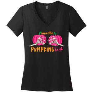 Halloween October Breast Cancer Pink Ribbon Pumpkin Women's V-Neck T-Shirt