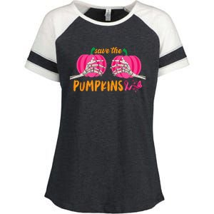 Halloween October Breast Cancer Pink Ribbon Pumpkin Enza Ladies Jersey Colorblock Tee