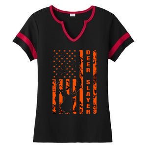 Hunter Orange Camo American Flag Deer Slayer Ladies Halftime Notch Neck Tee