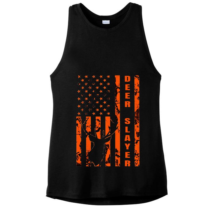 Hunter Orange Camo American Flag Deer Slayer Ladies PosiCharge Tri-Blend Wicking Tank