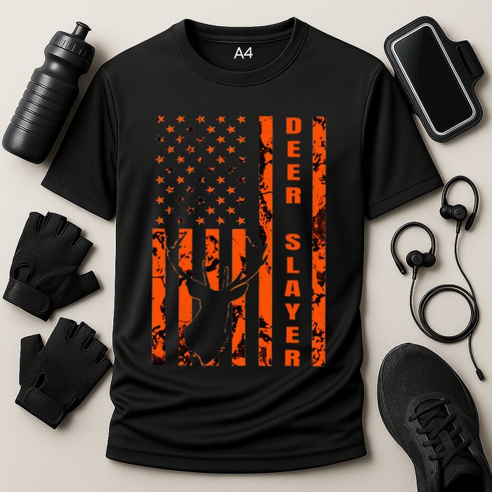 Hunter Orange Camo American Flag Deer Slayer Cooling Performance Crew T-Shirt