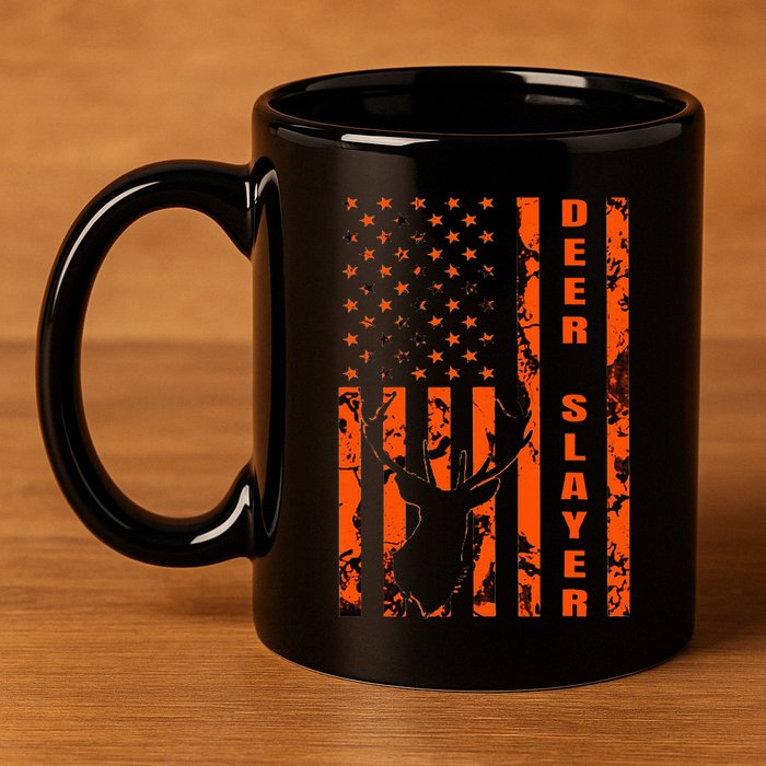 Hunter Orange Camo American Flag Deer Slayer 11oz C Handle Ceramic Mug